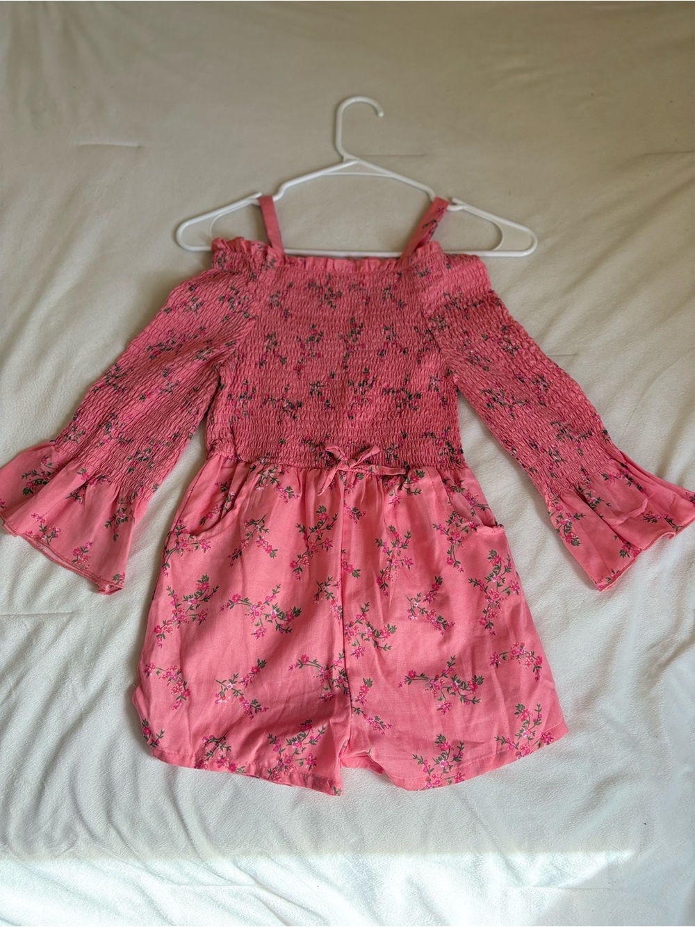 Girls' Pink Floral Off-Shoulder Romper with Smocked Bodice